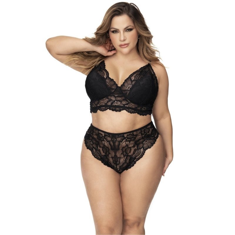 Mapalé Sexy BH en Slip Set Grote Maten Zwart Bloemenkant, voorkant