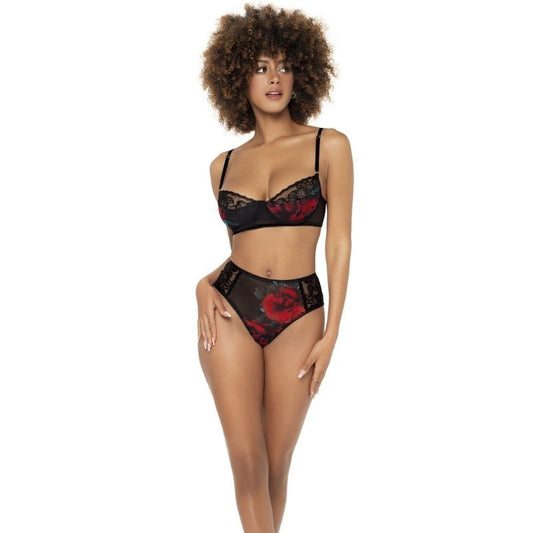 Mapalé Sexy BH en Slip Set Zwart Rozenprint, voorkant