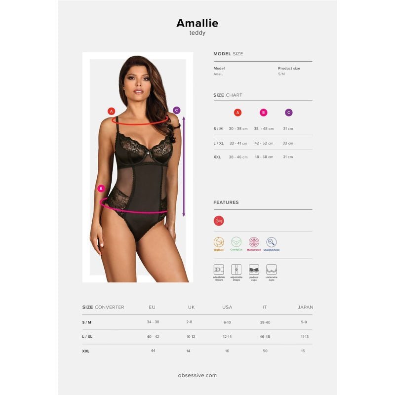 Obsessive Sexy Lingerie Amallie Queen Size Body Zwart, maattabel