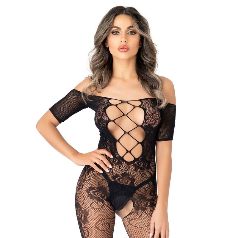 Daring Intimates Sexy Lingerie Off-Shoulder Catsuit Zwart Open Kruis, Close-up voorkant