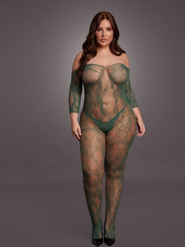 Le Desir Sexy Lingerie Catsuit Grote Maten Groen Open Kruis, voorkant met grijze achtergrond