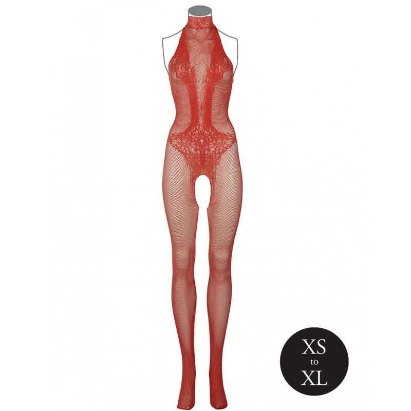 Le Désir Rode Bodystocking met Kantpatroon en Visnet - One SizeDames lingerie - BodystockingLe DesirBodystocking