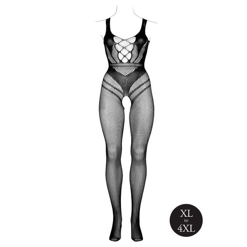 Le Desir Visnet Catsuit Grote Maten Zwart Open Kruis, voorkant zonder model