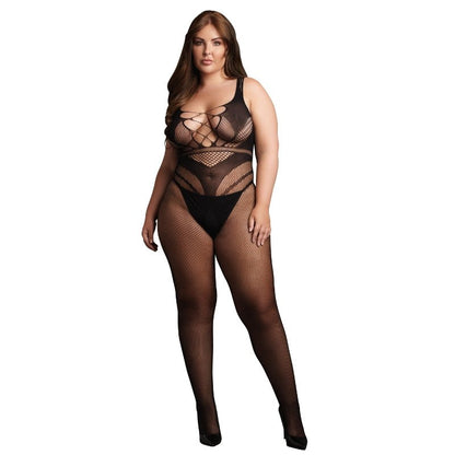 Le Desir Visnet Catsuit Grote Maten Zwart Open Kruis, voorkant