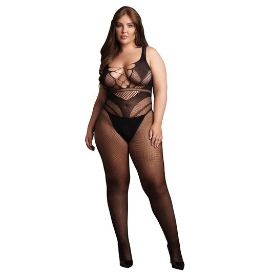 Le Desir Visnet Catsuit Grote Maten Zwart Open Kruis, voorkant