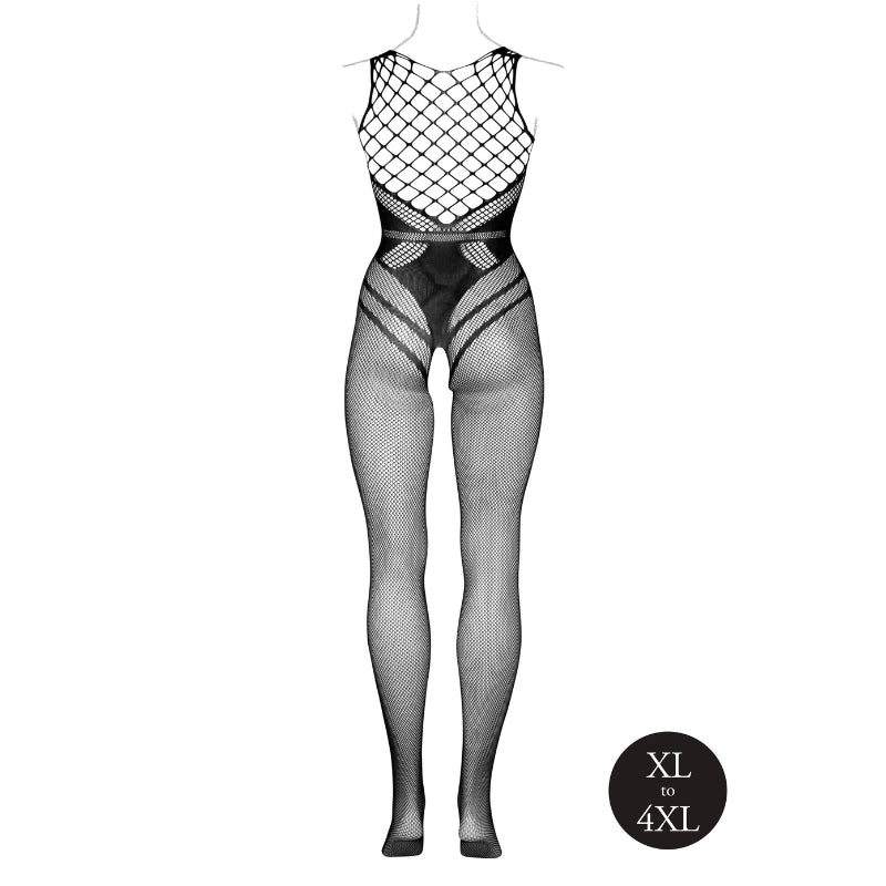 Le Desir Visnet Catsuit Grote Maten Zwart Open Kruis, achterkant zonder model
