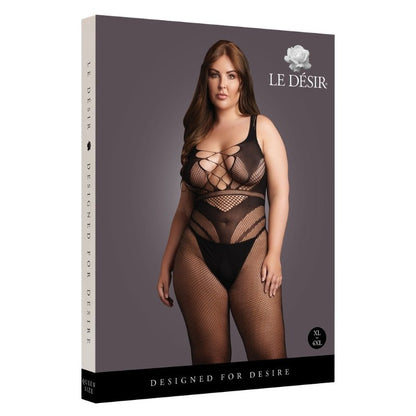 Le Desir Visnet Catsuit Grote Maten Zwart Open Kruis, voorkant verpakking