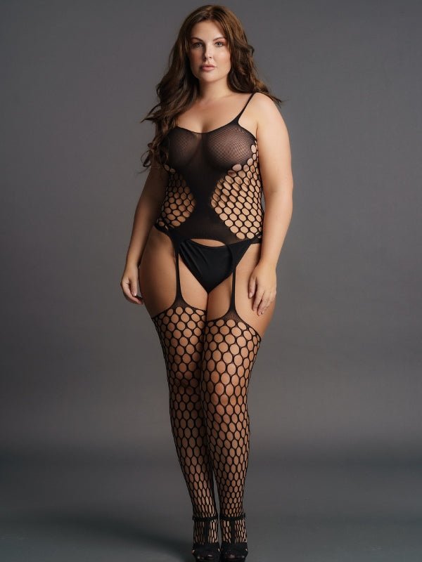 Le Desir Zwarte Catsuit Jarretels Grote Maten Zwart, voorkant poserend 