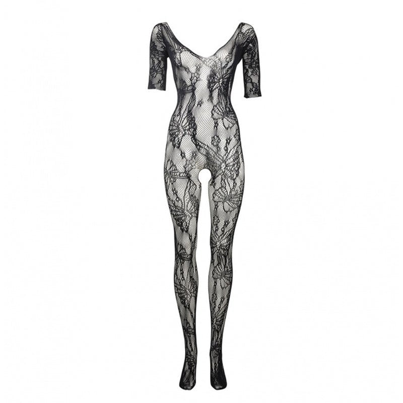 Le Désir Zwarte Bodystocking met Kant en Lange Mouwen - One SizeDames lingerie - BodystockingLe DesirBodystocking