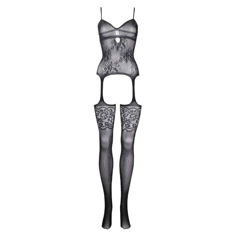 Le Desir Sexy Lingerie Grote Maten Catsuit Jarretel Zwart, voorkant zonder model