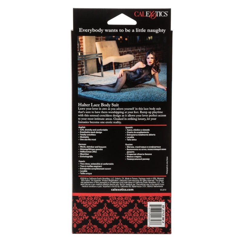 CalExotics Sexy Lingerie Catsuit Zwart Kant Open Kruis, achterkant verpakking